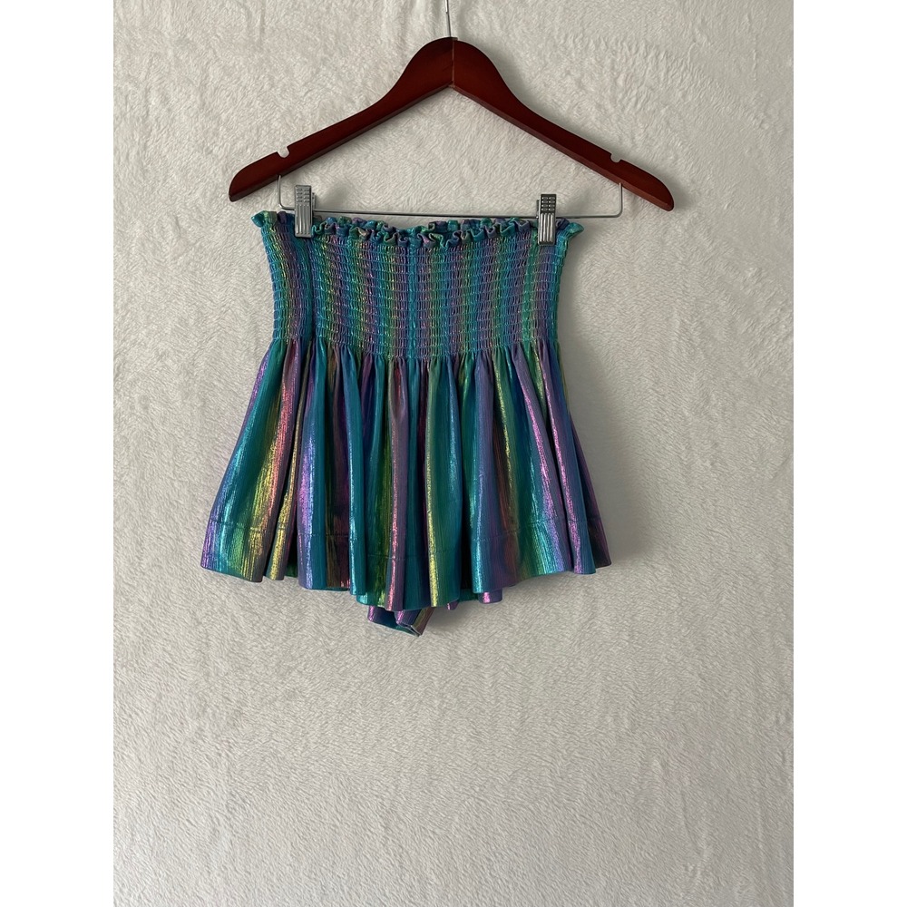 Queen of Sparkles Iridescent Metallic Smocked High Waist Shorts Blue Sz Small